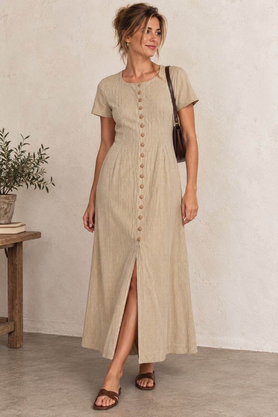 Vintage 90s D.B.Y. Striped Button Front Maxi Dress Tie Back Cottagecore M / L